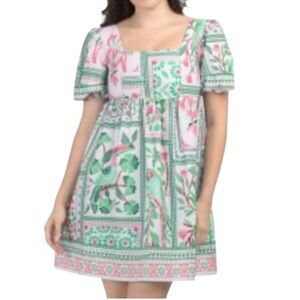 CELINA MOON Pink & Green Patchwork Floral Mini Dress